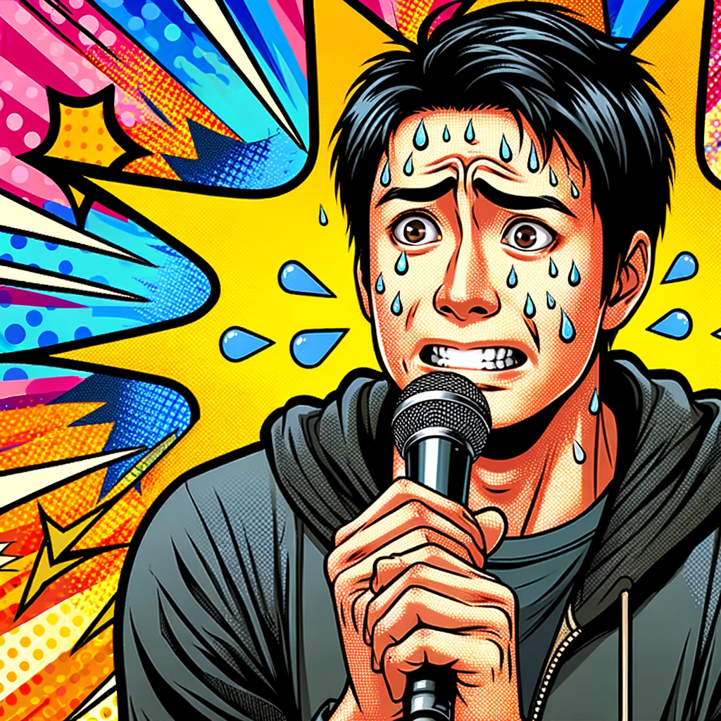 DALL·E 2023-11-21 17.35.27 - A young Japanese man doing a self-introduction, looking very nervous in a colorful and pop art style environment without any text. He has sweat beads